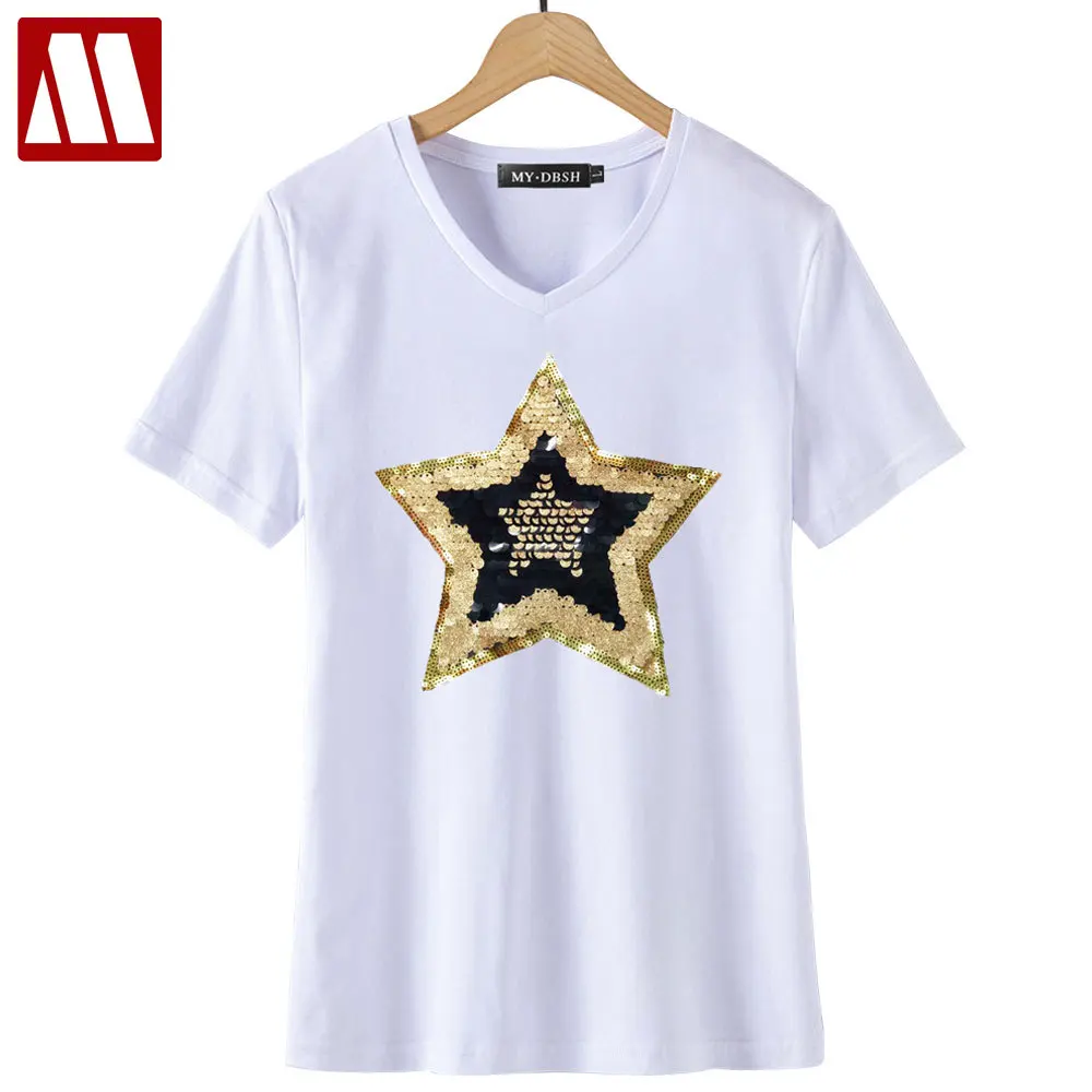 

Plus Size Fashion Glitter Pentacle Star Sequins Short Sleeve T-shirt for Women 2019 Summer Loose Casual Shiny Tee Shirts Tops