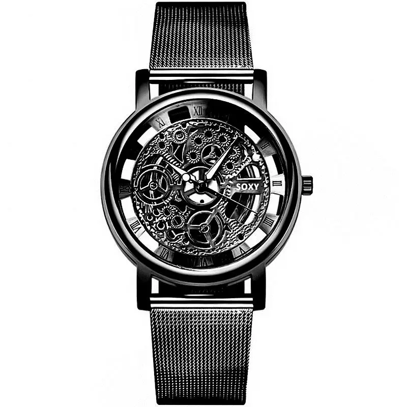 Полые часы, наручные часы со скелетом, для мужчин, с сетчатым ремешком, для мужчин и женщин, кварцевые часы унисекс, полые часы, relogio masculino - Цвет: Black