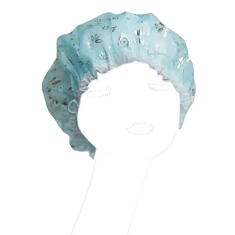 

Women Silver Foil Flower Shower Cap Double Layer Waterproof Elastic Hat Thicken