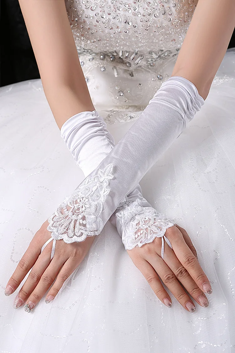 Элегантные длинные черные свадебные перчатки до локтя женские без пальцев красные/черные/белая свадебная Кружевная аппликация из бисера атласные танцевальные перчатки