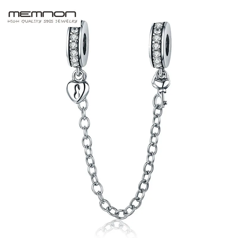 

Memnon Authentic 925 Sterling Silver Stackable Heart Love Heart Dangle Safety Chain Charm fit Charm Bracelet DIY Jewelry MCC606