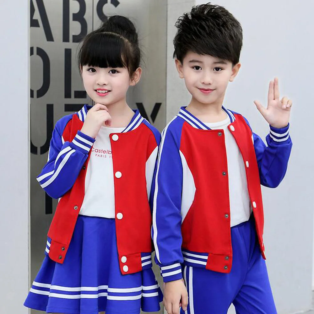 Дети начальной красная куртка юбка костюм подросток студентов Спортивный комплект костюмы для мальчиков и девочек Осенняя школьная форма