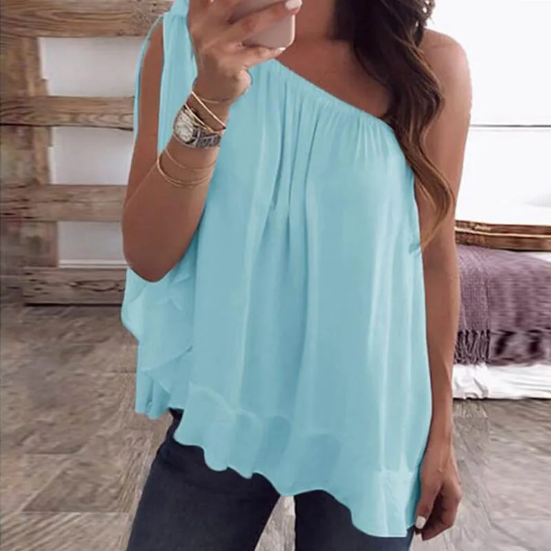 Fanbety Women Sexy One Hand Sleeve Chiffon Blouses 2019 Summer Elegant Skew Collar Bow Tie blusa Lady Off Shoulder beach tops