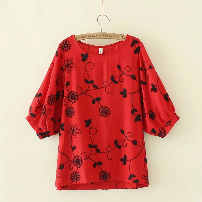 

Plus size dark blue & red & white Embroidered t shirts women 2018 t-shirt lantern sleeves summer women tops tee shirt femme
