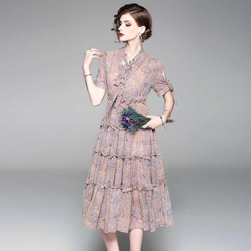 

New Fashion Summer 2 Piece Set Dress Elegant Chiffon Print Dress+Camisole Bow Cascading Ruffle Women's Mid-Calf A-line Dress