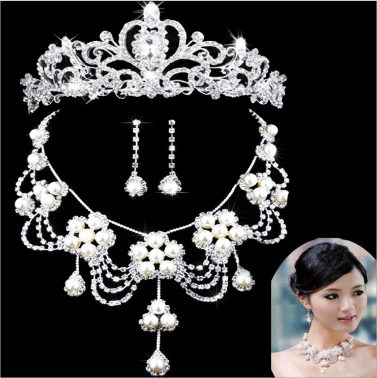 Design de Moda Flor De Cristal Pérola Da Noiva 3 pcs Set Colar Brincos Tiara Tiara De Noiva Conjunto De Jóias de Casamento Para As Mulheres (1)