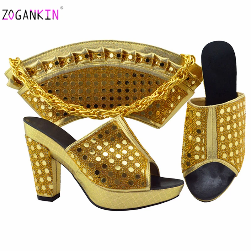 

Golden Color Shoe and Bag Set New 2019 Women Shoes and Bag Set Italian Wedding Slipper African Shoes with Matching Bags Set