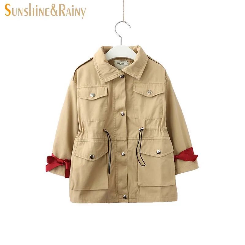 

Sunshine & Rainy Autumn Girls Windbreaker Bow Sleeve Design Coats Jackets For Girl Waist Drawstring Kids Clothes Outerwear