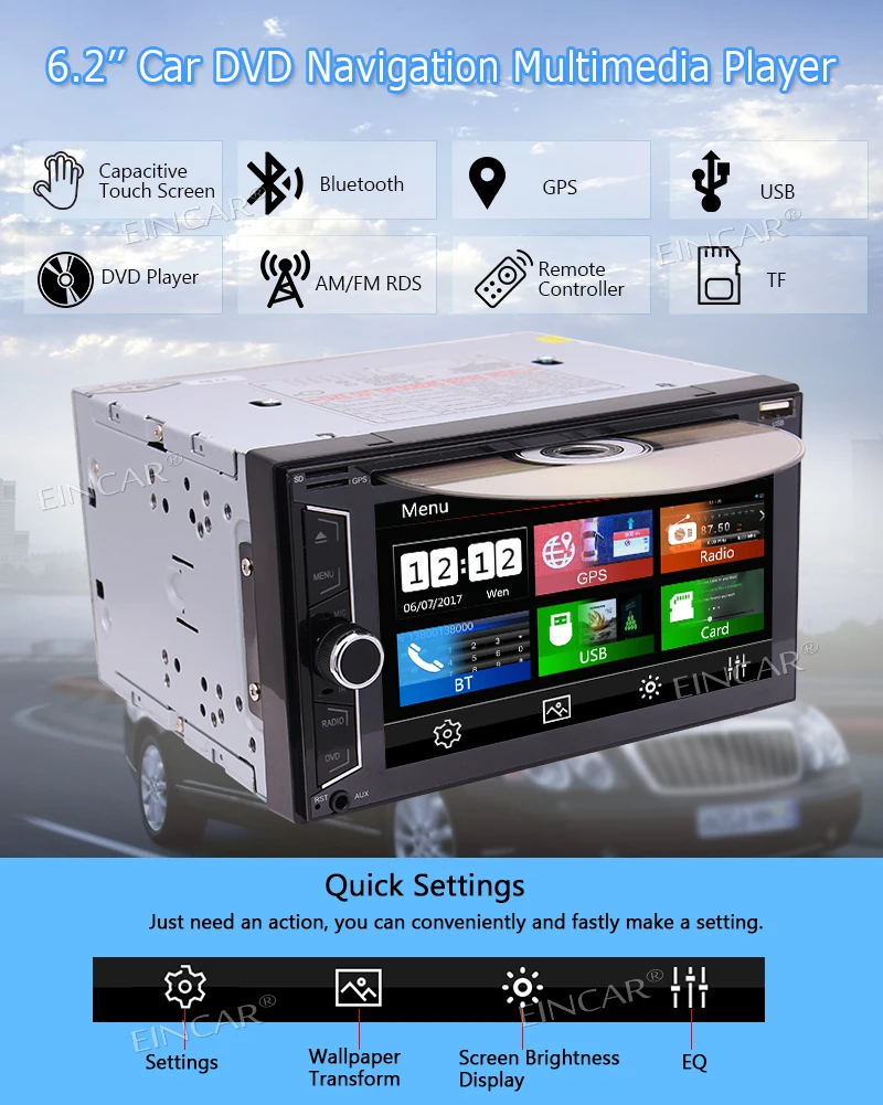 Top EinCar Double Din Car Stereo Headunit In Dash Car DVD CD Player GPS Sat Navi 6.2