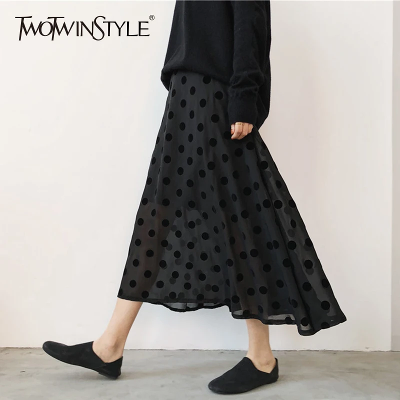 TWOTWINSTYLE Черное Шифоновое в горошек женская Юбка-миди Эластичная Высокая талия