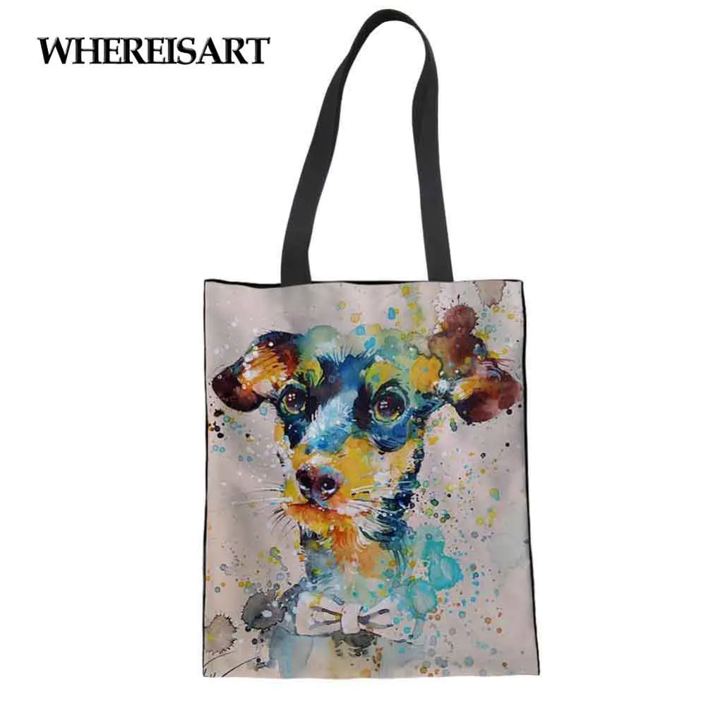 

WHEREISART Chihuahua Dog Painting Print Shopping Bag Reusable Tote Pouch Canvas Bag Eco Bolsa Plegable Daily Foldable Handbag