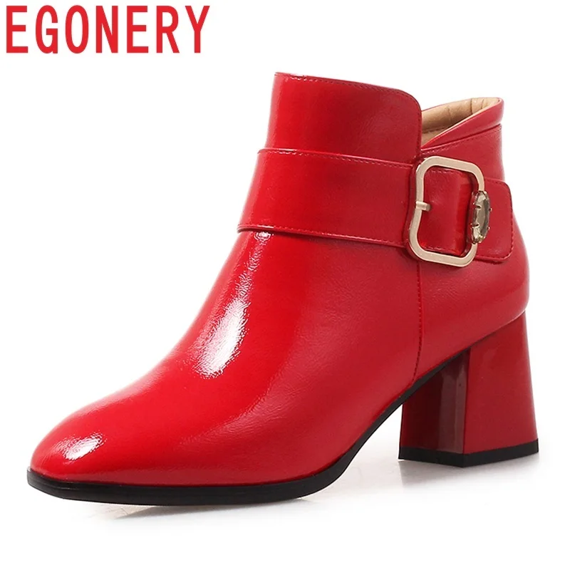 

EGONERY 2018 new fashion high quality patent leather square toe women shoes med hoof heels zipper metal decoration ankle boots