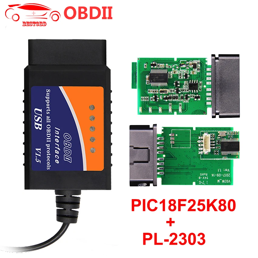 ELM327 V1.5 USB версия с PIC18F25K80 чип PL2303 Драйвер IC OBDII OBD2 Диагностический сканер ELM327 автоматический считыватель кодов