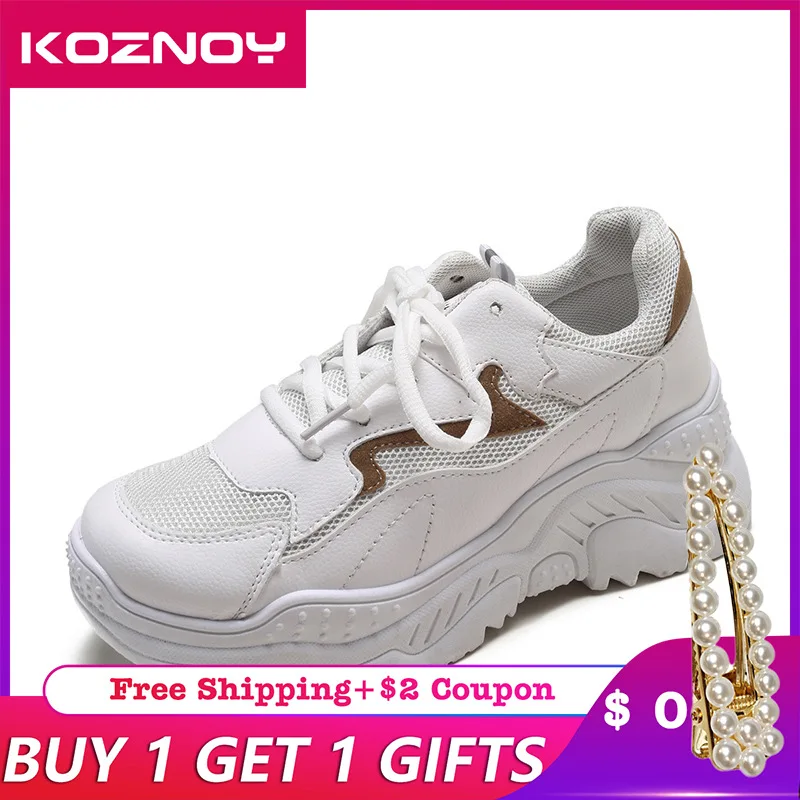 

Koznoy Sneakers Women Spring Korean Version Students Mesh Dropshipping Breathable Thick Bottom Fashion Lace Leisure Women Shoes