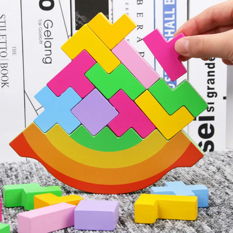 

Montessori Rocking Tetris Wooden Rainbow Educational Wood Stacking Toys For Children Balance toy tetris