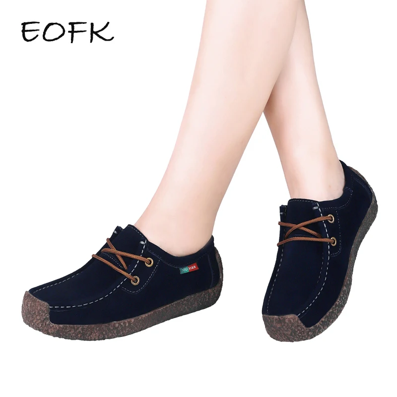 EOFK Women Flats Comfortable Moccasins Suede Leather Lace up Shoes Woman Navy Blue Flat Women's Casual snails Shoes