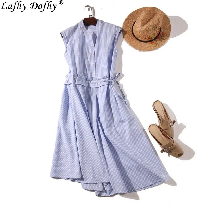 

Spring new quality design sweet Japanese style temperament commuter sleeveless stand collar large swing type pinstripe dress 107