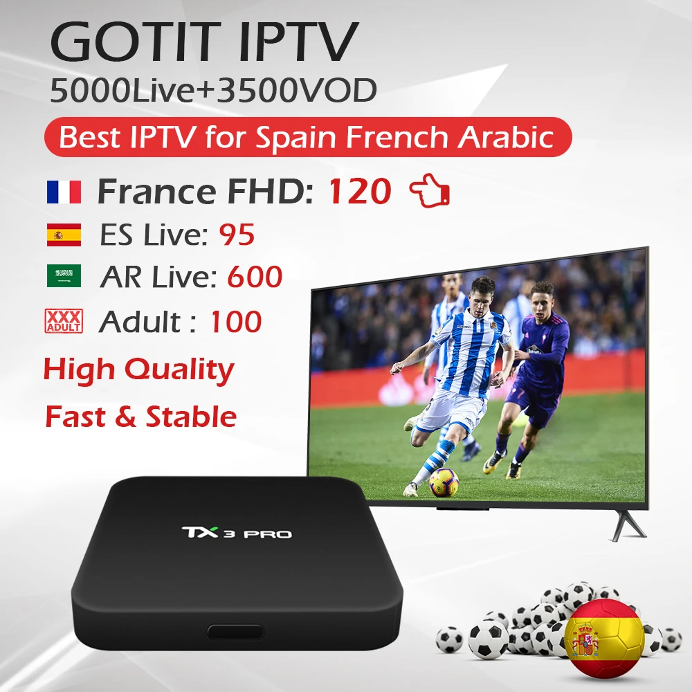 

TX3Pro Amlogic S905W 1G/8G WiFi Smart 4K Android 7.1 TV Box+French Arabic Spain IPTV Subscription 5000Live 3500VOD GOTIT IPTV