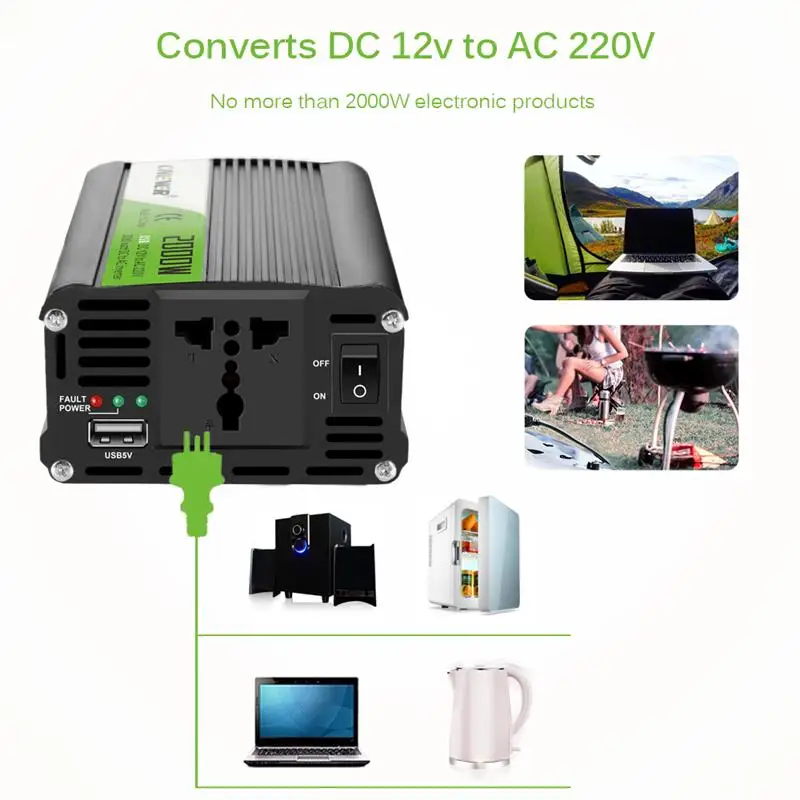Автомобильный преобразователь напряжения 2000 Вт автомобильный инвертор с DC 5 В 2.1A USB зарядное устройство адаптер DC 12 В в AC 220 В Преобразователь мощности