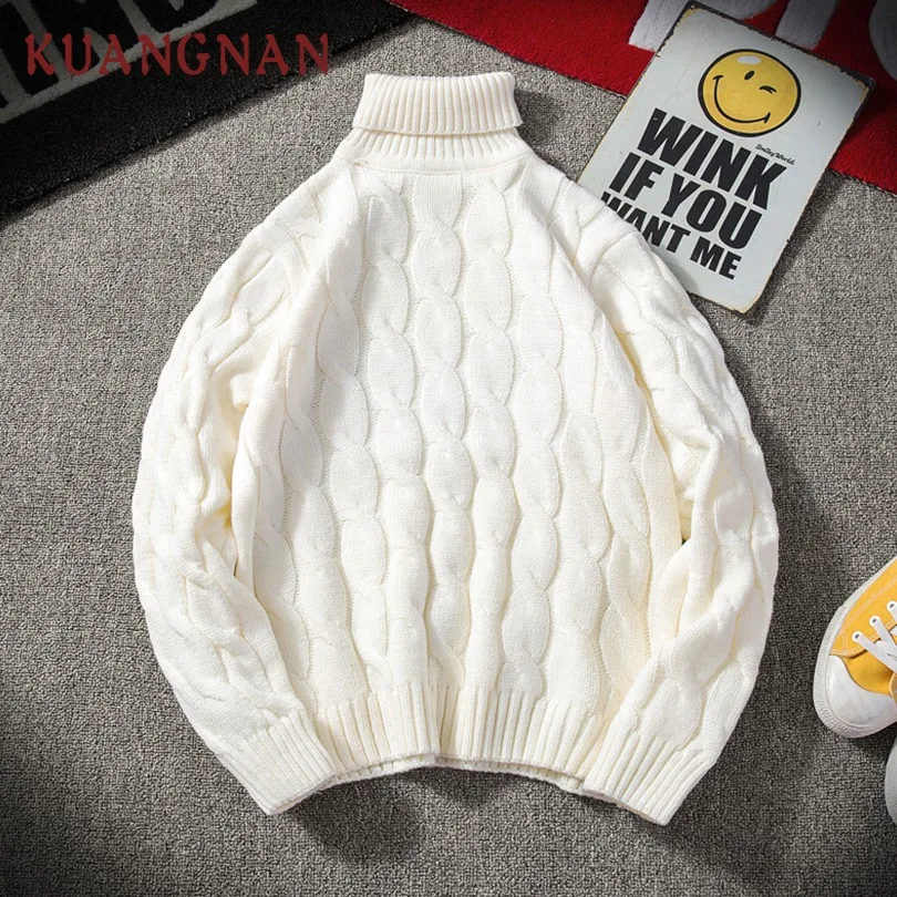 

KUANGNAN White Turtleneck Men Sweater Man Thick Solid Winter Pullover Men Sweater Coat Mens Turtleneck Sweaters 2018 Autumn New