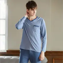 Осенняя Домашняя одежда мужская повседневная Лоскутная Пижама наборы мужской модальный хлопковый пижамный комплект Мужская футболка с v-образным вырезом и брюки XXXL