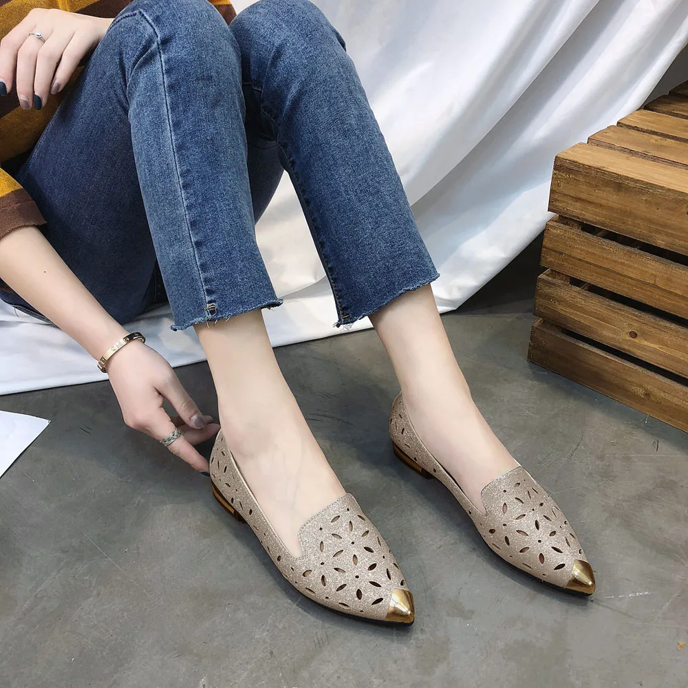 

New Women Solid Paillette Pointed Toe Low Heel Sandals Spring Autumn Shallow Slip On Female Shoes Ladies Casual Single Shoes