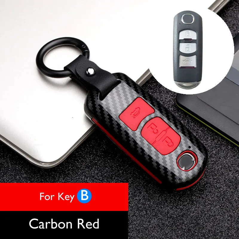 Карбон ключ чехол для Mazda 3, 5, 6, CX-3 CX-4 CX-5 CX-7 Axela Atenza для цепочек для ключей, сумок, интеллектуальный пульт дистанционного управления брелок Защитная крышка аксессуары - Название цвета: Carbon Red Key B