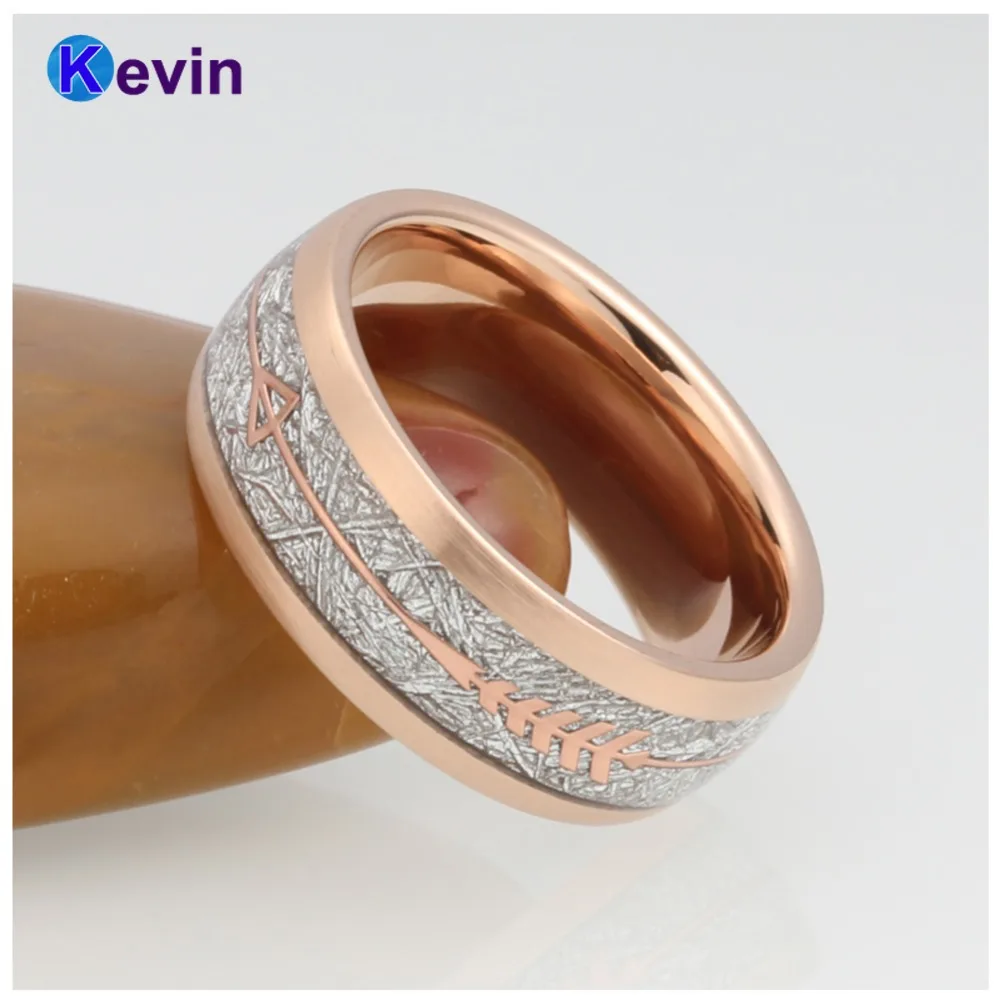 Обручальное кольцо из вольфрама для мужчин и женщин, розовое золото, со стальной стрелкой и вставкой из белого метеорита, Новое поступление