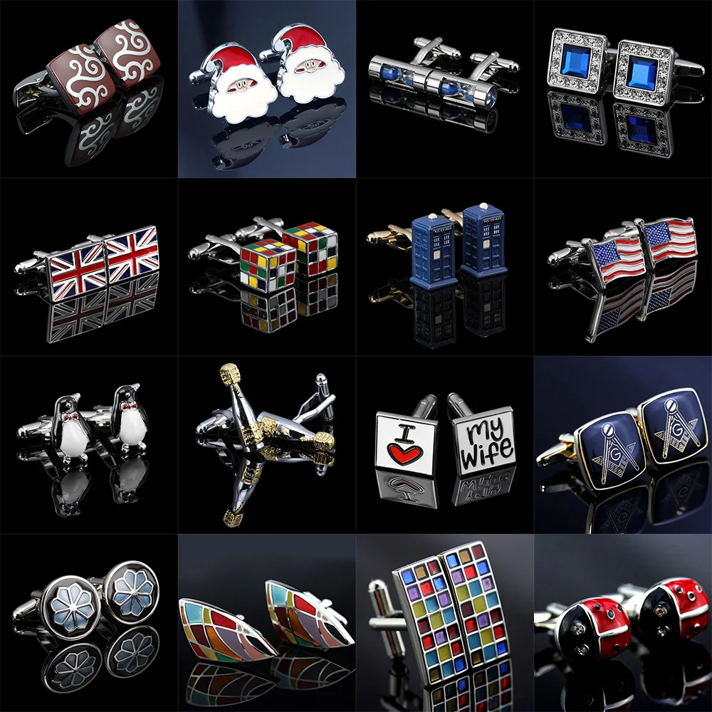 

Free Shipping Trendy Colorfu Cufflinks 18 Styles Penguin/Cube/Hourglass/Flag/Santa Claus Luxury Cufflinks for Men Gemelos