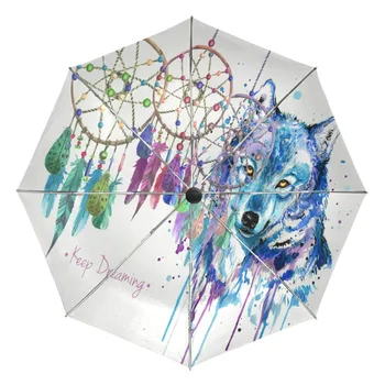 

Wolf Dreamcatcher Foldable Umbrella Anti Rain Umbrella 3 Folding Parasol Sun Protection Anti-UV Umbrella for Women