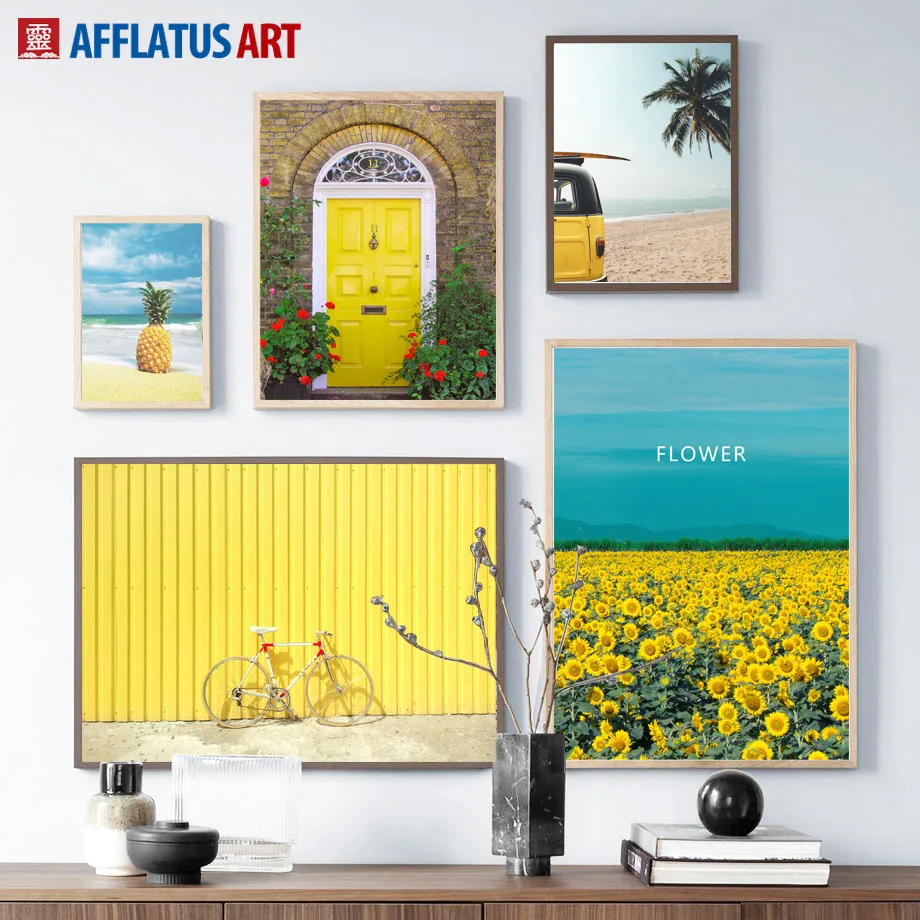 Желтый ананас, Подсолнух, автобус, морской пляж, настенная живопись на холсте, скандинавские плакаты и принты, настенные картины для декора гостиной