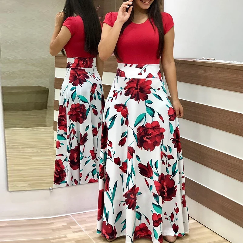 Image Summer Fashion Women Splicing Elegant Long Party Dress Red Vintage Boho Casual Dress Female Short Sleeve Floral Maxi Dress