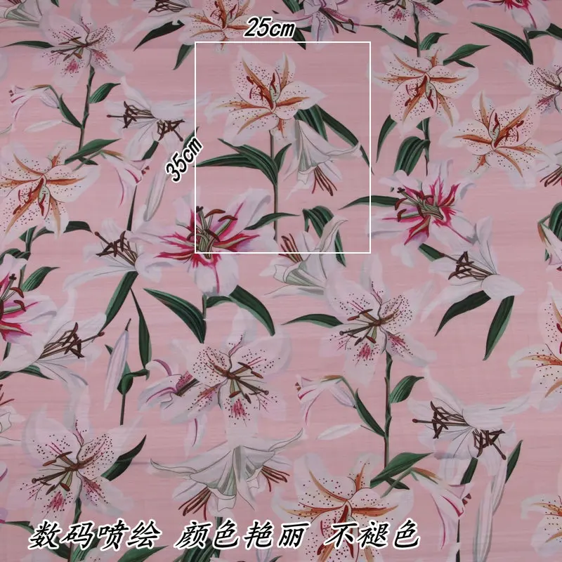 145 см ширина лилии печати мягкий тонкий розовый полиэстер шифон ткань для женщин летние платья юбки блузка DIY-BF058