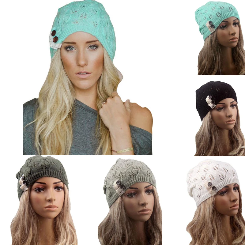 

Woman Fashion Tree Leaf Button Knitted Woollen Beanies Skullies Hats Caps White/Black/Light Gray/Light Blue/Dark Gray