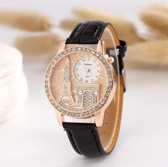 Горячая Распродажа Gogoey Брендовые женские часы с кожаным ремешком в стиле Парижской башни, Женские кварцевые наручные часы с кристаллами, женские часы GO074