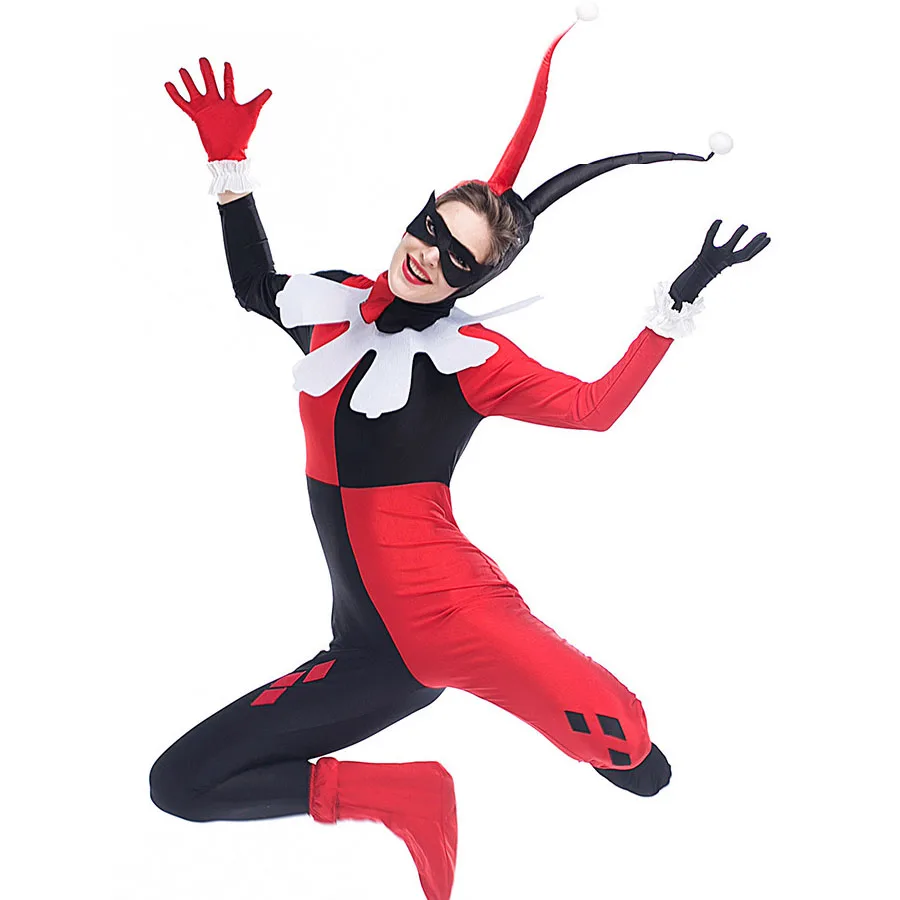 Харли Квинн костюм для Для женщин взрослых Хэллоуин Карнавал Косплэй Джокер клоун костюм Onesie Комбинезон Необычные платья партии Новинка