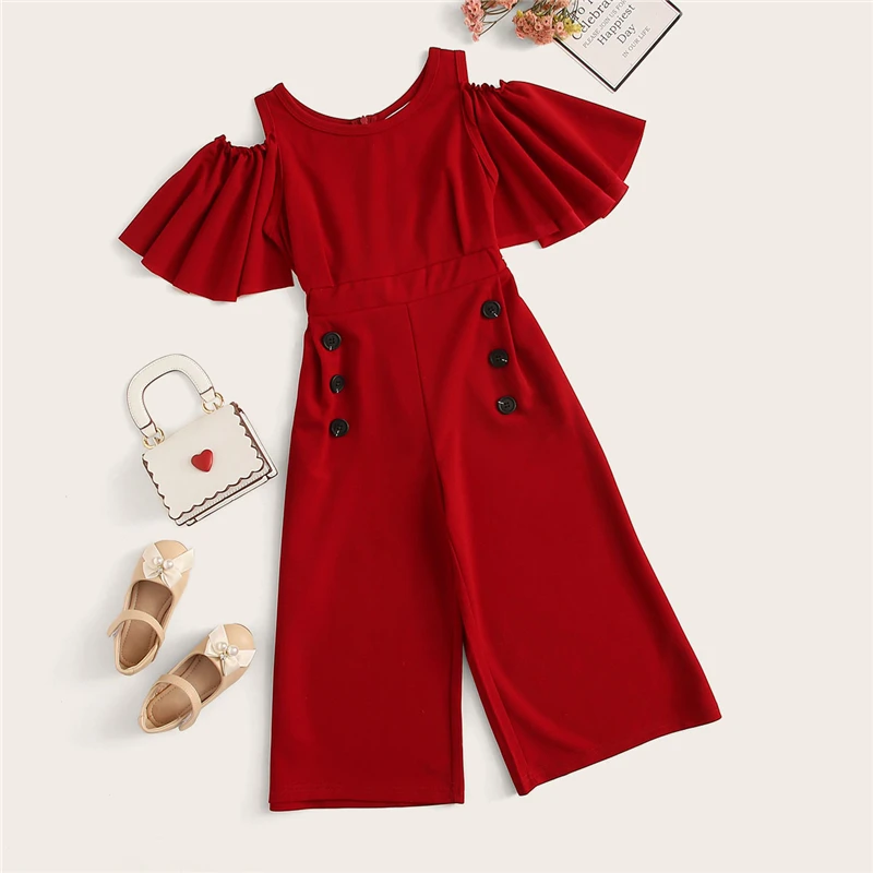 SHEIN/детский однотонный повседневный комбинезон с открытыми плечами и пуговицами сбоку для девочек; коллекция года; сезон лето; свободные длинные Комбинезоны на молнии с рукавами-воланами
