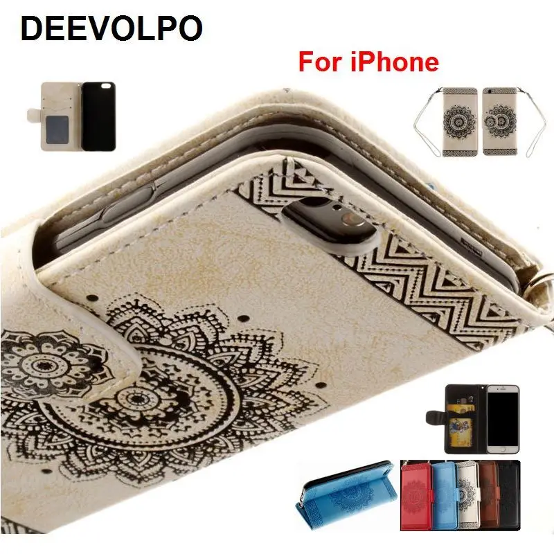 

DEEVOLPO Leather Retro Cases Datura Embossing Covers For Apple iPhone X 8 7 6 6S Plus 5 5S SE Mandala Solid Color Fundas DP11H