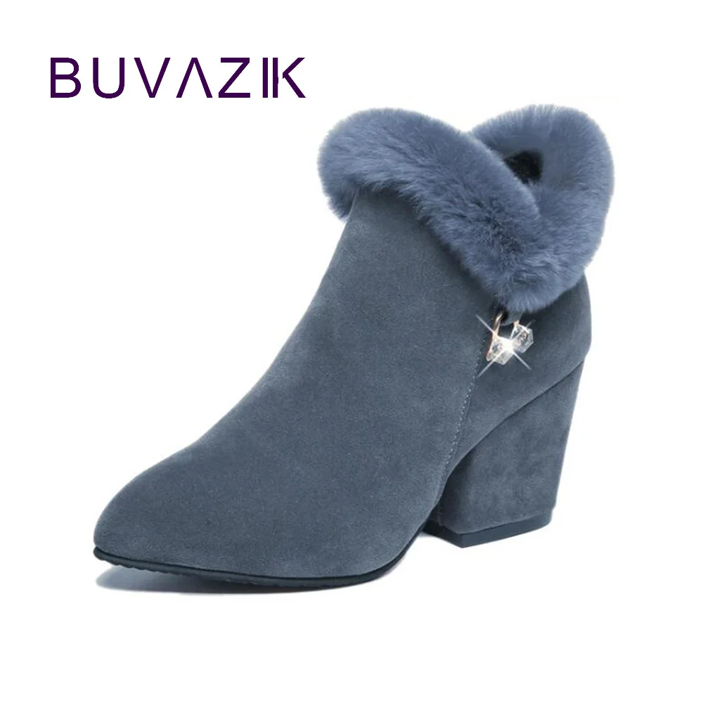 

2018 winter fur solid color rhinestone short snow boot for women pointed side zipper thick with ladies' shoes