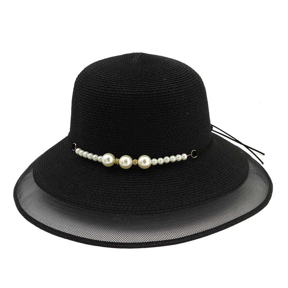 

Spring Elegant Pearl Straw Hats Summer Mesh Sun Cap for Women Bowknot Tape Dome Caps Lady Big Brim Beach Hats Patchwork Caps