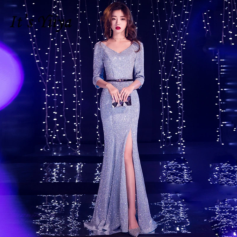 

It's YiiYa Evening Dresses Sexy V-neck Sequined Floor-length Mermaid Formal Dress Half Sleeve Zipper Back Party Gown E401
