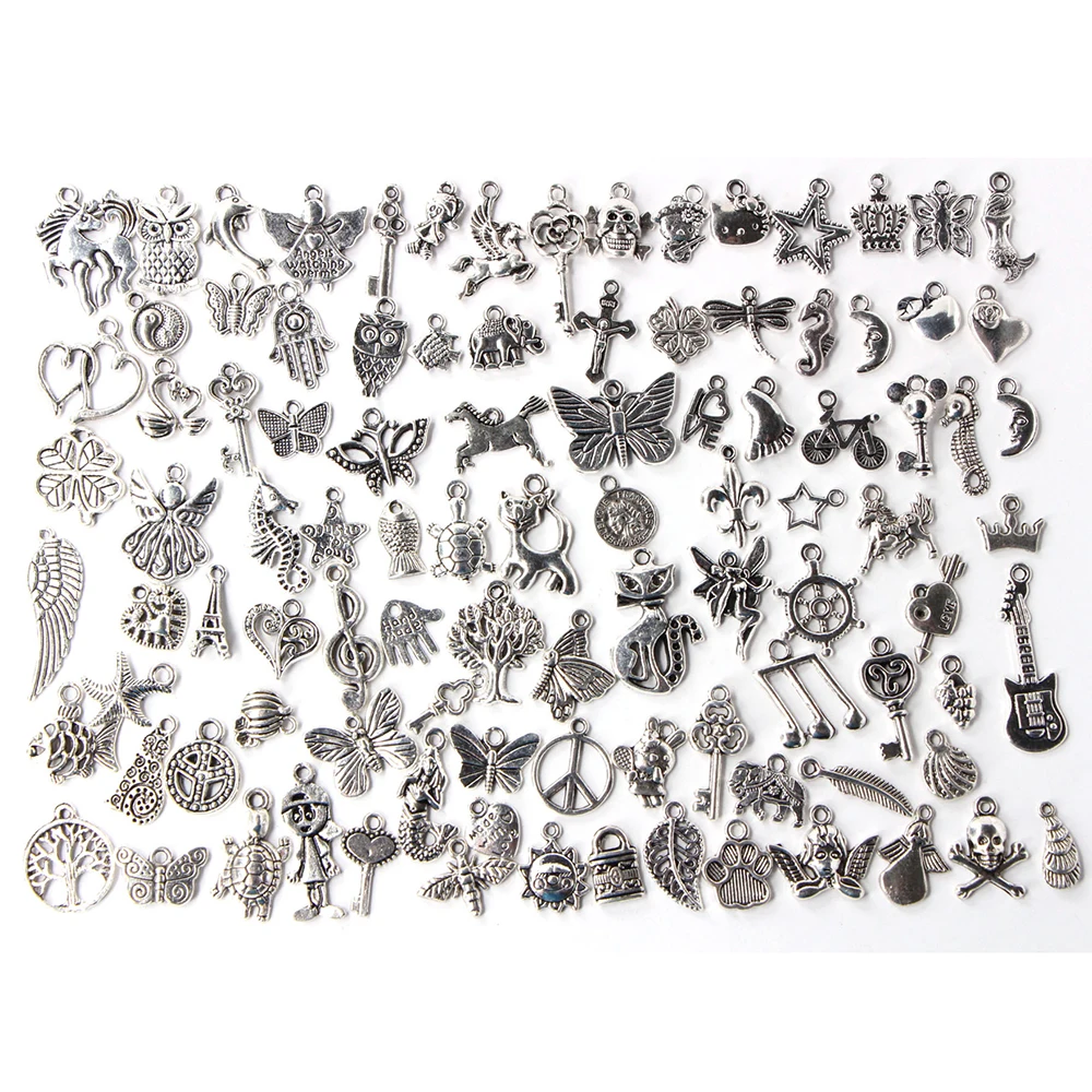 

200pcs/Lot Mix Vintage Silver Butterfly Anchor Cross Animal fish Key Pendants Charms Beads Jewelry Findings Wholesale