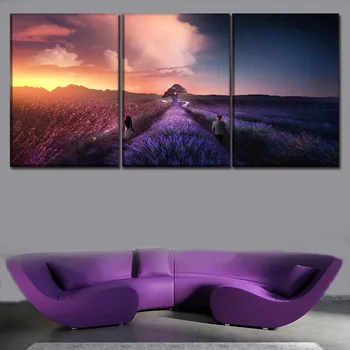 

Wall Art Decor Picture 3 Panel Walking In Lavender Flower Field Boy And Girl Poster Canvas Print Painting Living Room Framework
