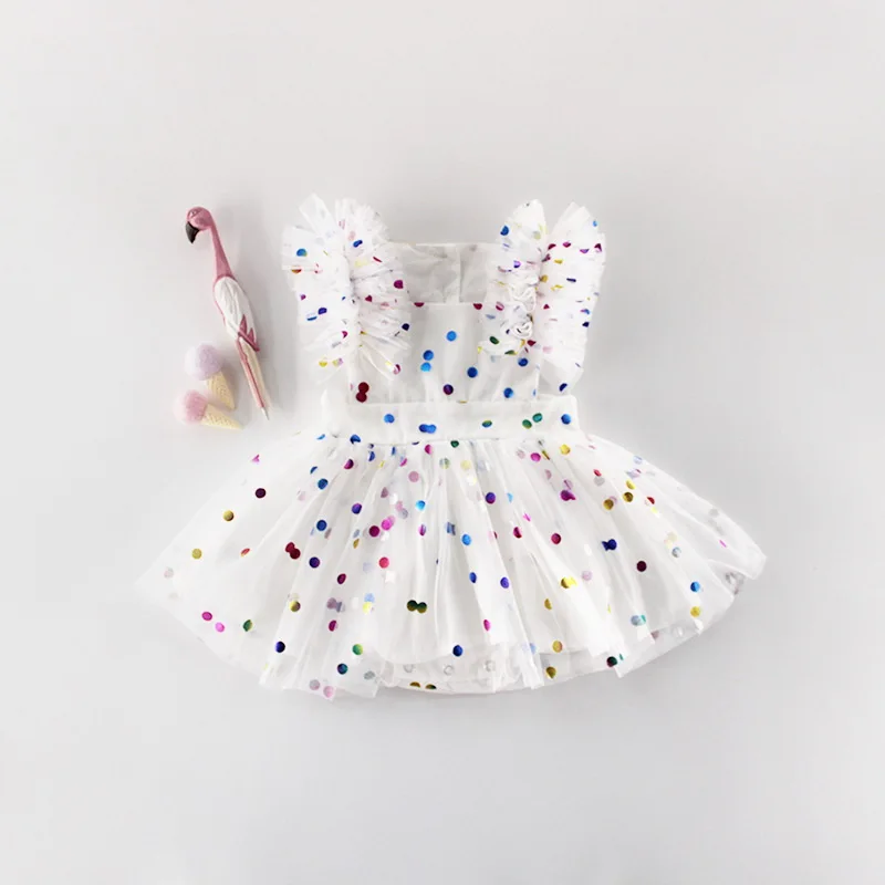 

Retail 2019 Summer New Baby Girl Princess Dress Glitter Colorful Polka Dot Guze Dress Overalls Kids Clothing E81016