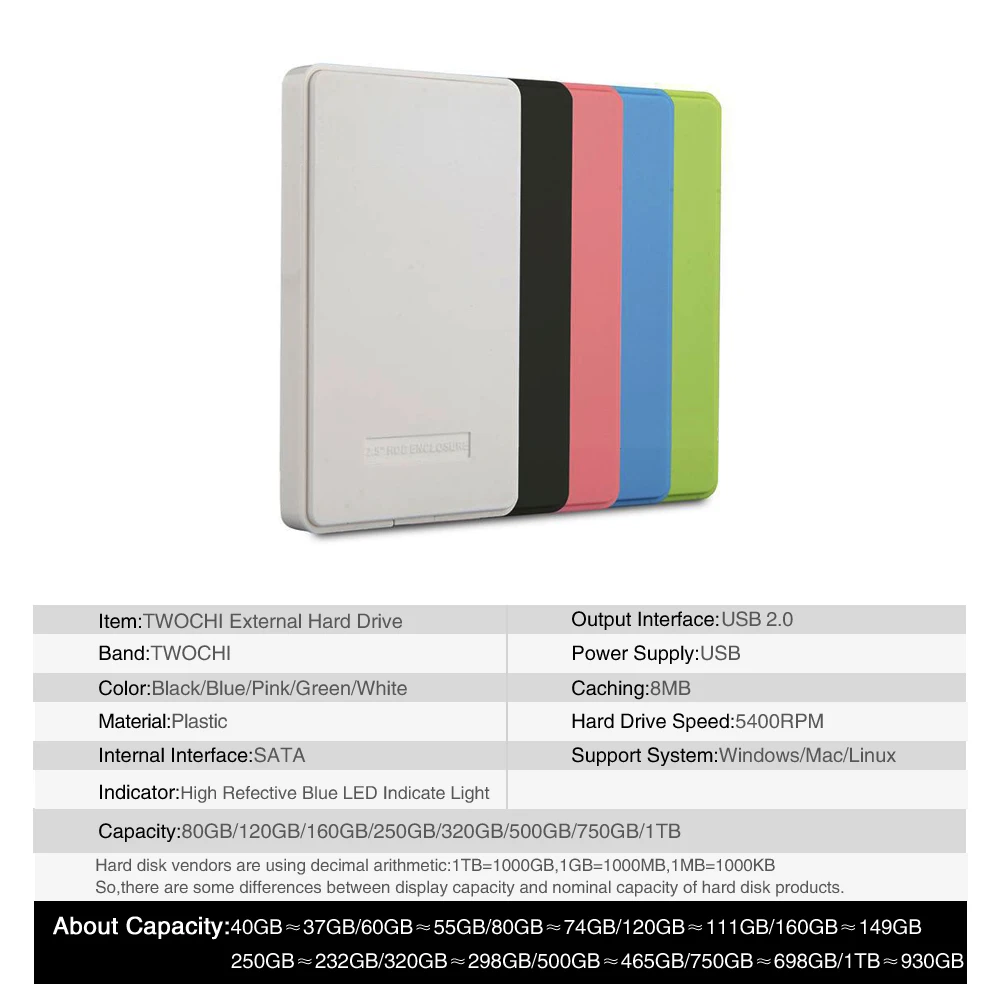 TWOCHI A1 5 Color Original 2.5'' USB2.0 External Hard Drive 60GB Storage Portable HDD Disk Plug and Play On Sale