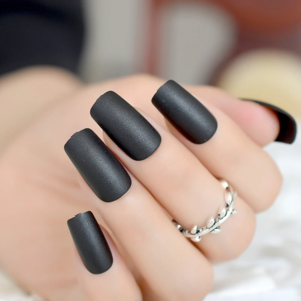 24pcs Pure Black Artificial Nail Tips Matte Style Medium ...