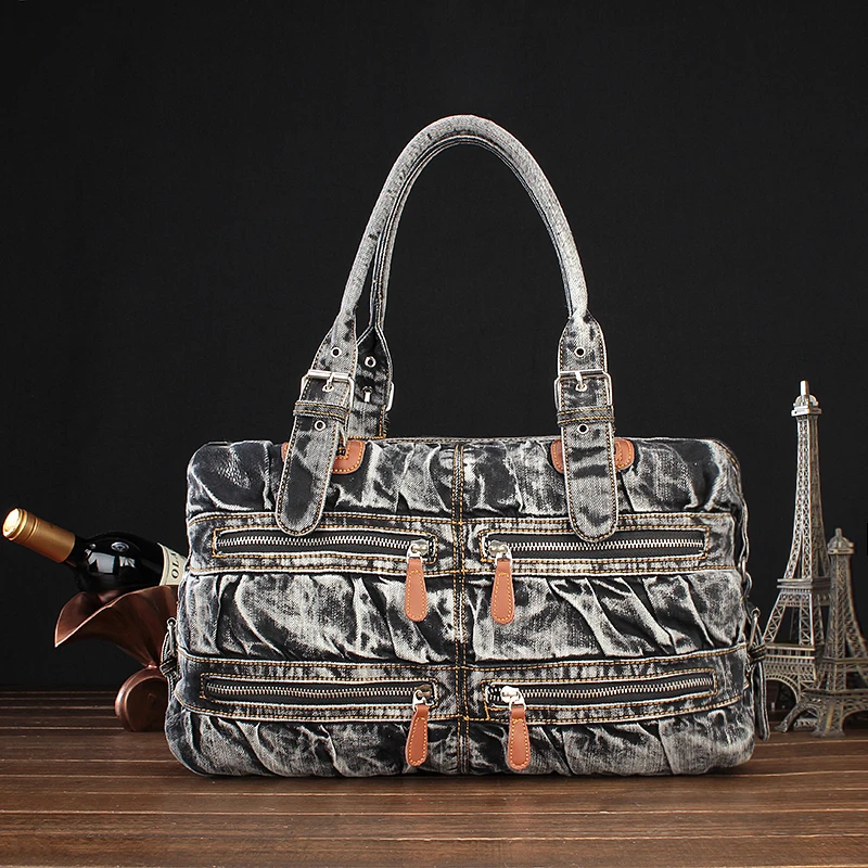 

Casual Fashion Zipper Design Denim 4 Pockets Vintage Women Tote Bags Lady Handbags Jeans Denim Shoulder Bag Messenger bags 3810