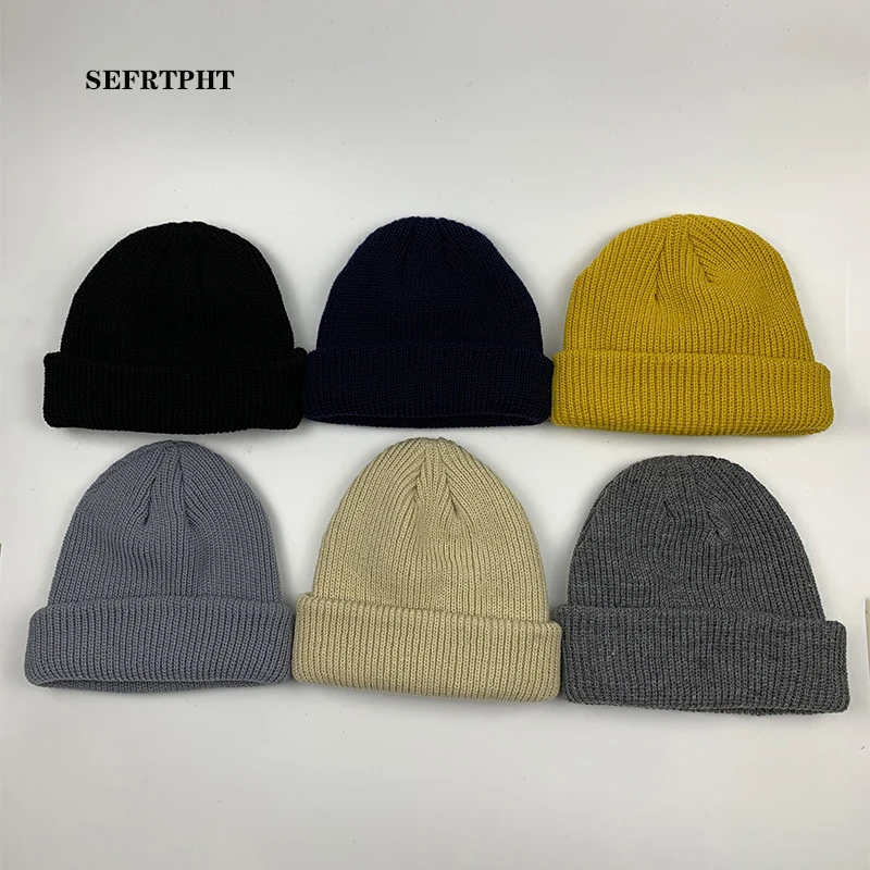 

Unisex Winter Knitted Lapel Short Melon Cap Solid Color Skullcap Baggy Retro Ski Fisherman Docker Beanie Hat Slouchy gorra