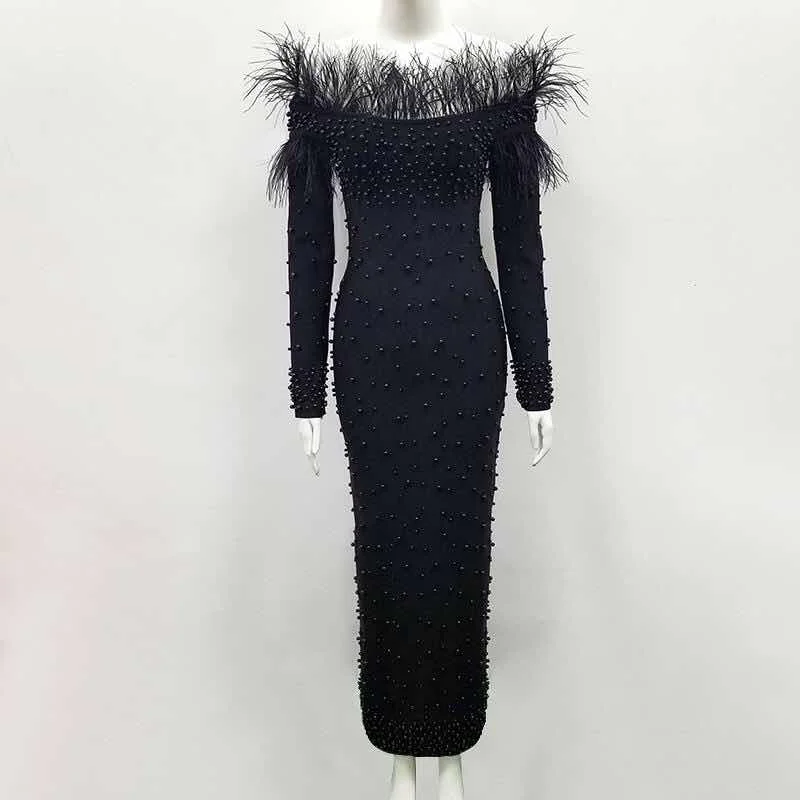 Best Price jbdSL New Arrival White Beads Elegant Evening Celebrity Tassel Bandage Dress 2019 Long Sleeve Spring Winter Off The Shoulder Vestidos