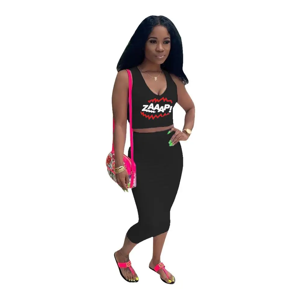 

New Summer Women Set Funny Letter ZAAAP 2 Piece Set Crop Tops and Skirts Suit Clubwear
